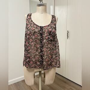 DNA Couture Black & Pink Floral Sleeveless Sheer Women's Top Large